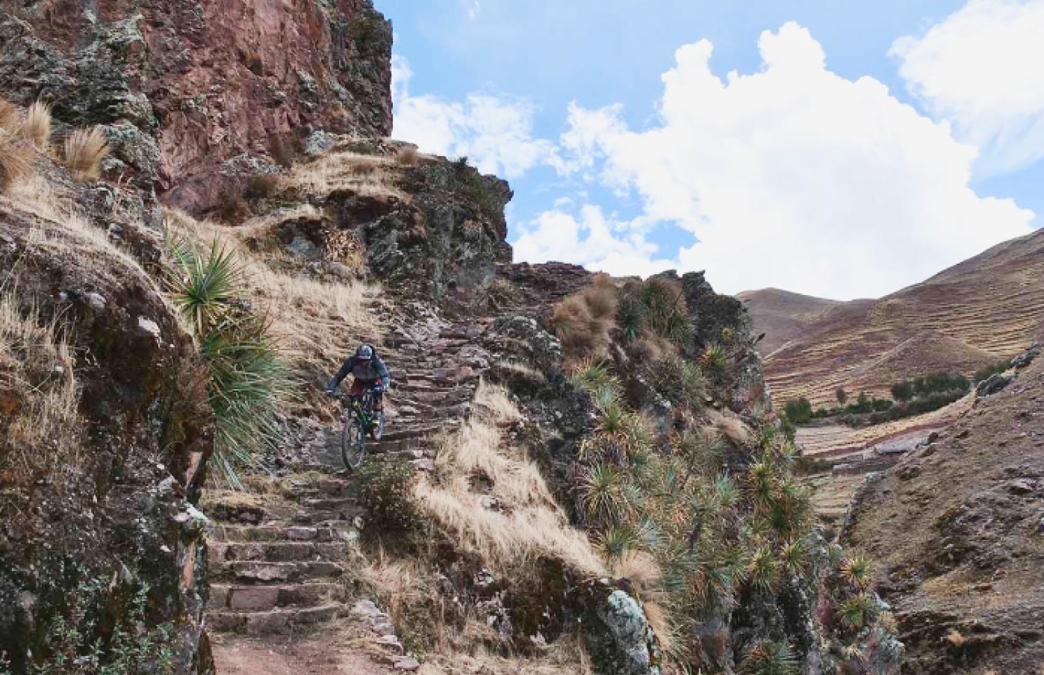 Mountain biking down several steps