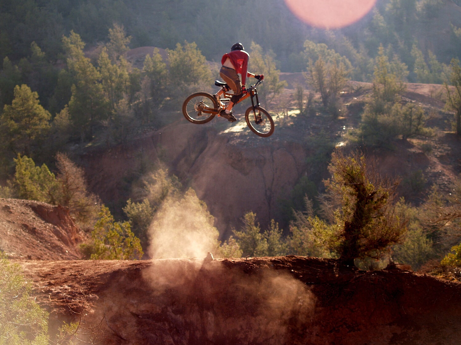 Mountain biker preforming tricks mid air