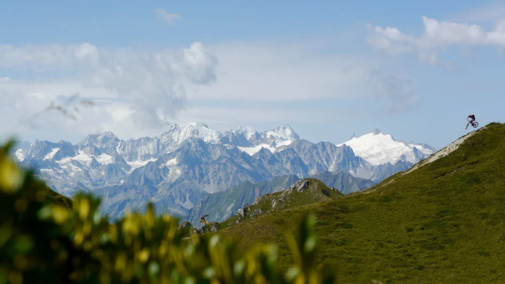 Dropping down from the Pierre Avoi with the Mont Blanc massif in the background. France, Italy and Switzerland in view!