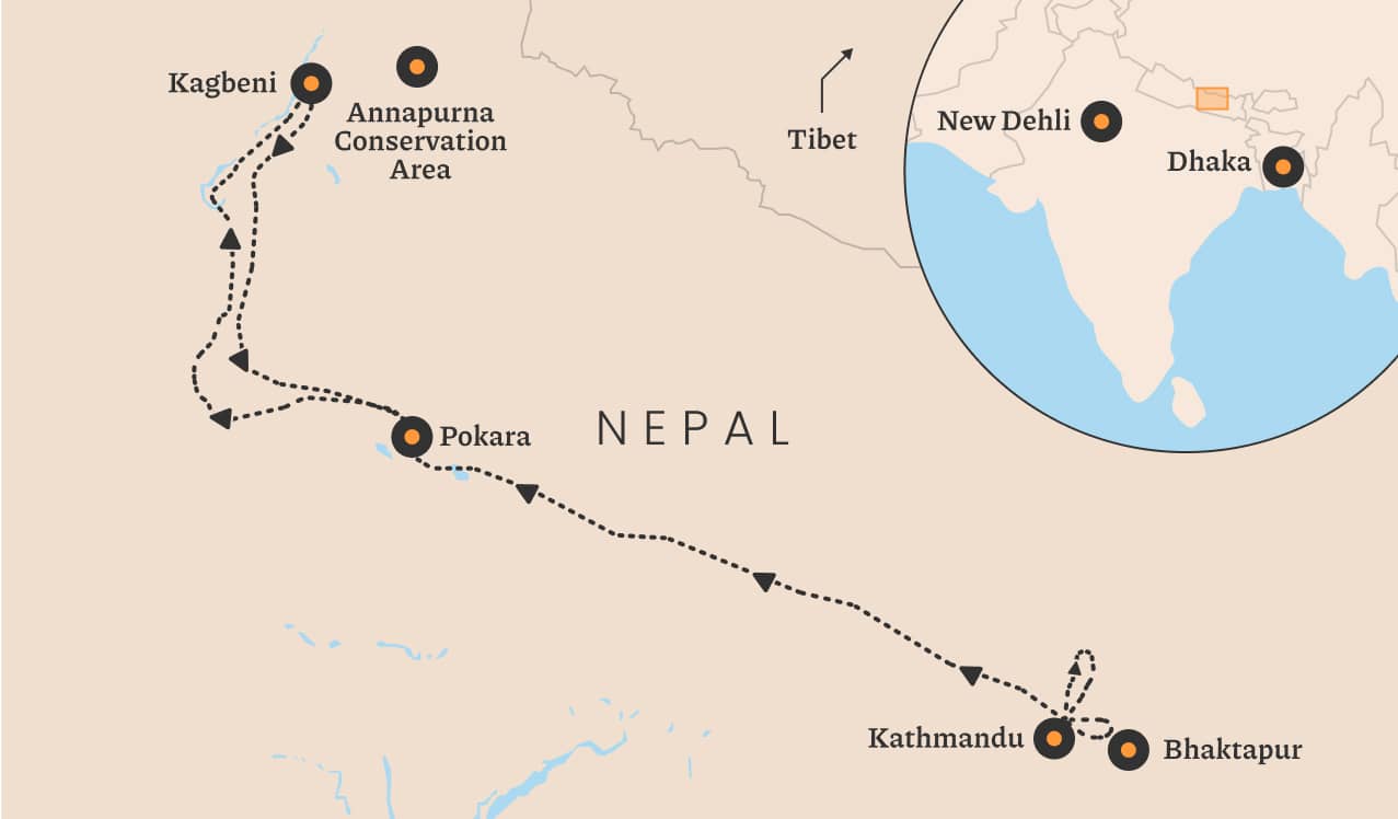 Map of the Himalayas Heights Nepal route.