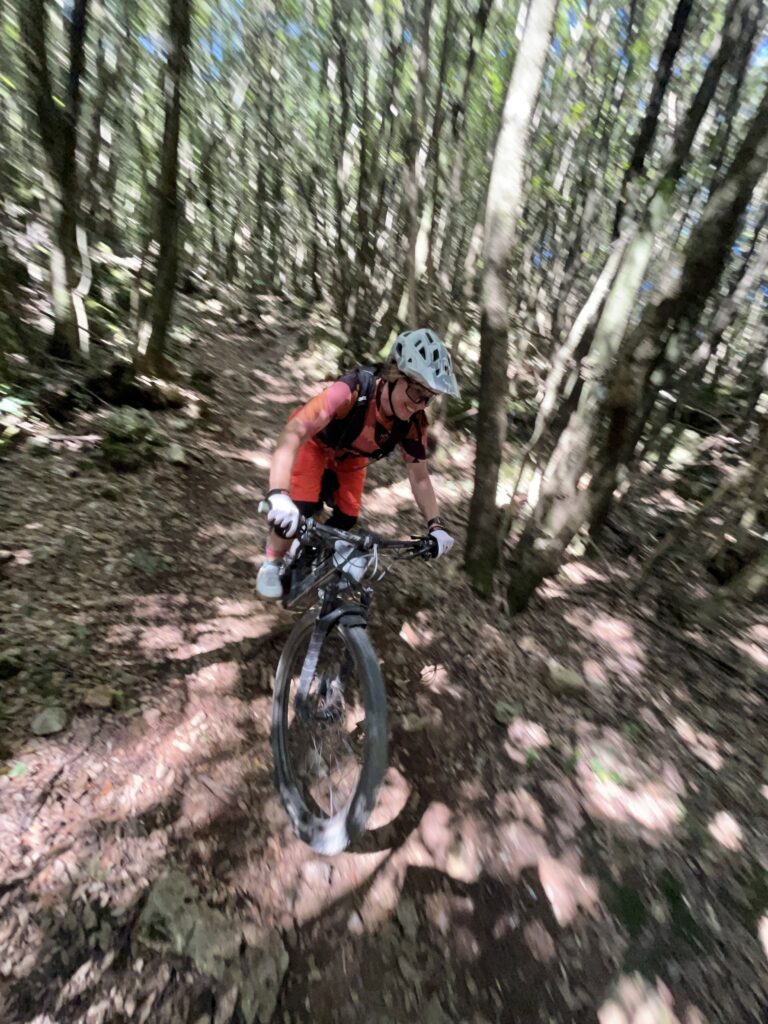 woman mountain biking through the forest trails