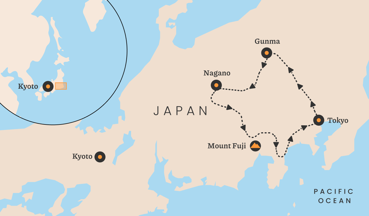 A map of Japan showing the stops of the trip.