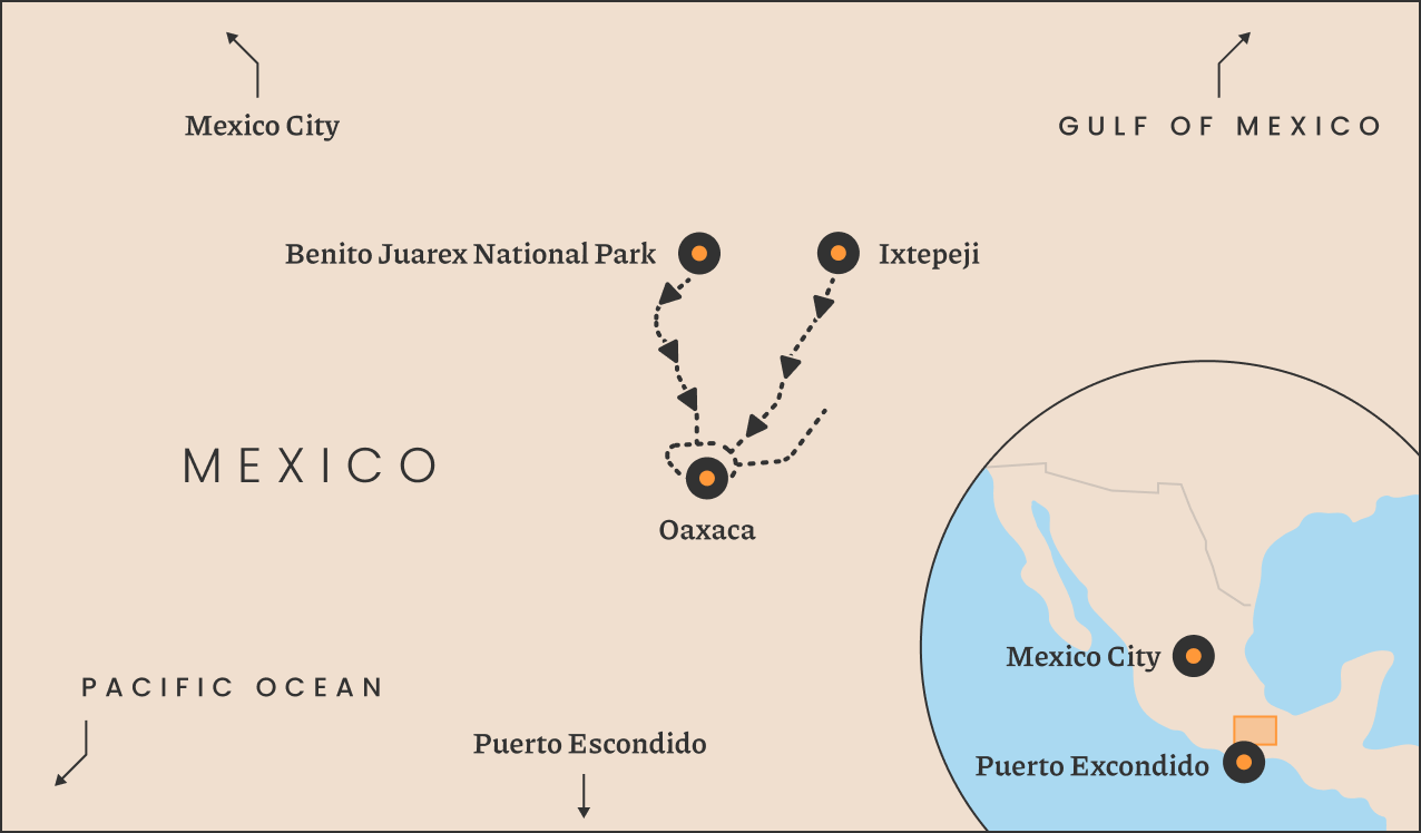 Map of Oaxaca, Mexico and surrounding areas.